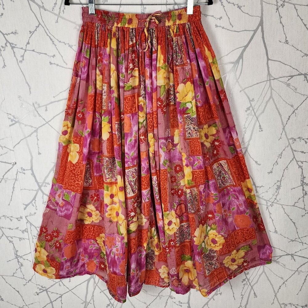 Papaya Moon Floral Print 100% Cotton Pull On Pleated Midi Skirt